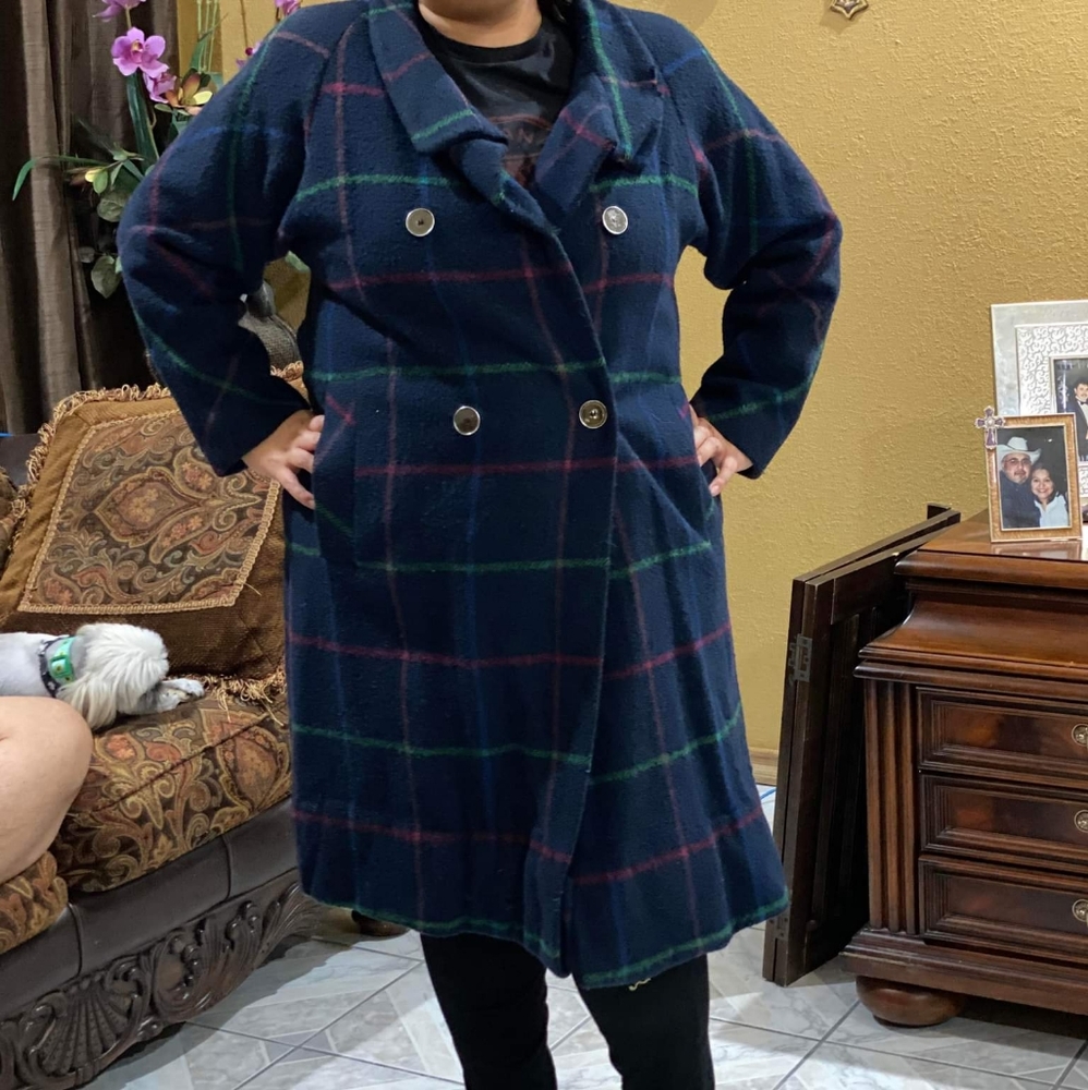 Vintage wool coat, Navy blue with colorful plaid